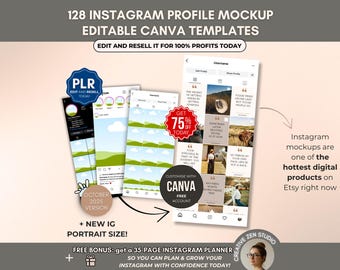 128 Instagram Profile Mockup Templates, Editable Canva Social Media Branding Kit, Instagram Grid Reels Posts Stories PLR, IG PLR Template
