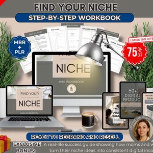Puede incluir: Imagen que promociona un libro de trabajo digital titulado "Find Your Niche". La imagen presenta una computadora portátil, un monitor de escritorio y una tableta que muestra el libro de trabajo. También hay una taza de café, un bolígrafo y una caja de regalo. El texto incluye "Step-by-Step Workbook" y "Ready to Rebrand and Resell."