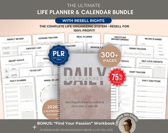PLR Life Planner, Editable Life Planner & 2026 Calendar Bundle, Resell Rights PLR 2026 Digital Planner, Done-For-You Digital Products PLR