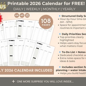 May include: A stack of printable 2026 calendars with daily, weekly, monthly, and yearly layouts. The calendars include a structured daily schedule, to-do lists, and a section for meal planning. The image also features a bonus offer.