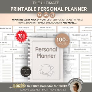 May include: Printable personal planner with a minimalist design. The cover features the words "Personal Planner" and a line drawing of a teacup. Includes over 100 pages with trackers for self-care, meals, fitness, and more. Available in A4, A5, and US Letter sizes.