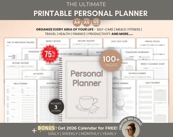 Printable Personal Planner | Daily Weekly Monthly Planner Bundle | Goal, Budget, Health, Productivity & Finance Organizer |2026 Calendar PDF