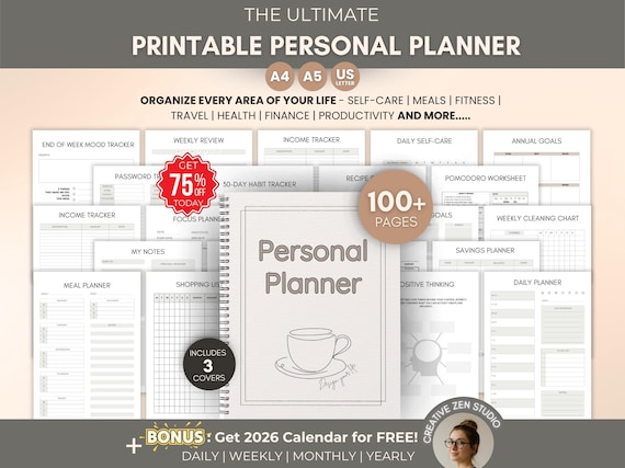 Printable Personal Planner | Daily Weekly Monthly Planner Bundle | Goal, Budget, Health, Productivity & Finance Organizer |2026 Calendar PDF