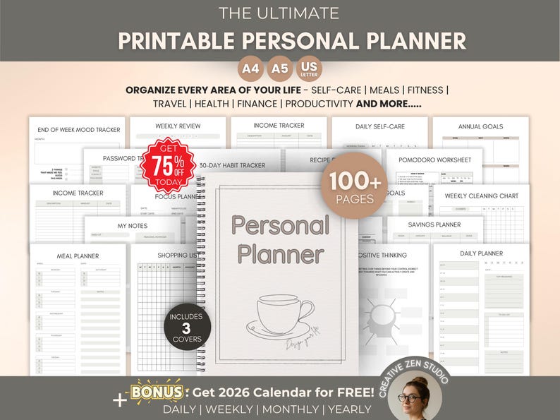 May include: Printable personal planner with a minimalist design. The cover features the words "Personal Planner" and a line drawing of a teacup. Includes over 100 pages with trackers for self-care, meals, fitness, and more. Available in A4, A5, and US Letter sizes.