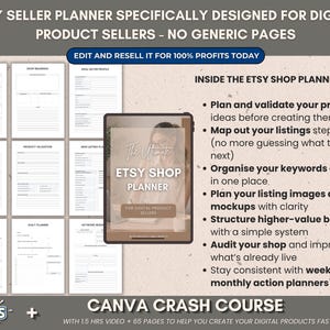 May include: An Etsy shop planner for digital product sellers. The image shows a tablet displaying the planner's cover, with a list of features including planning listings, organizing keywords, and structuring bundles. The image also includes a bonus Canva crash course.