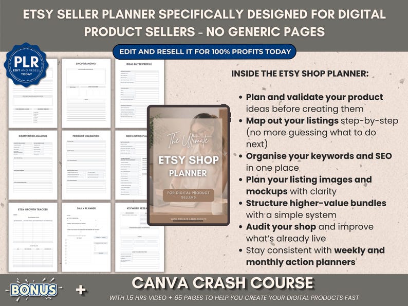May include: An Etsy shop planner for digital product sellers. The image shows a tablet displaying the planner's cover, with a list of features including planning listings, organizing keywords, and structuring bundles. The image also includes a bonus Canva crash course.