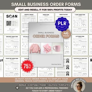 Może przedstawiać: Obraz promocyjny dla formularzy zamówień dla małych firm. Obraz zawiera różne formularze, w tym listę zadań na tydzień, budżet miesięczny i narzędzie do śledzenia zamówień. Różowy sweter, notatnik i kubek są w centrum. Tekst: "Edytuj i odsprzedaj z 100% zysku już dziś."