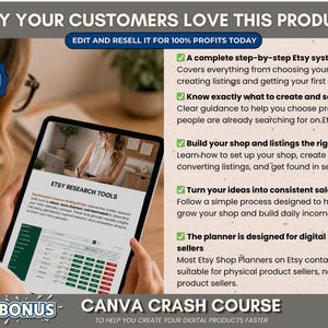 May include: A person holding a tablet displaying an Etsy shop planner. The screen shows "Etsy Research Tools" and bullet points about creating listings and sales. Text at the top reads "Why Your Customers Love This Product".