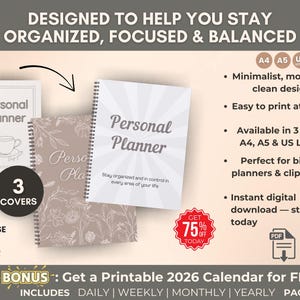 May include: Three personal planner covers with spiral binding. The covers feature the text "Personal Planner" and floral designs. The image includes the text "Designed to help you stay organized, focused & balanced."