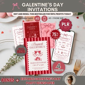 Galentines Day Invitation Canva Templates PLR, Editable Party Invites Galentines Bundle, Dinner Pajama Party Invitation, PLR Invitation Card