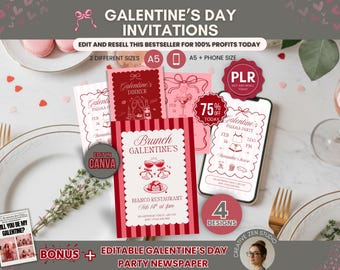 Galentines Day Invitation Canva Templates PLR, Editable Party Invites Galentines Bundle, Dinner Pajama Party Invitation, PLR Invitation Card