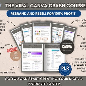May include: An advertisement for a Canva crash course. The image features several pages of tutorials, with text that reads "Rebrand and Resell for 100% Profit." It includes information on new Canva tools and creating digital products.