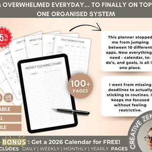 May include: Digital planner with a black tablet displaying a weekly cleaning chart, accompanied by various planning pages. Includes the text "100+ PAGES", "PRINTABLE", "DIGITAL", and "EDITABLE". The image also features the text "Get 75% OFF TODAY".