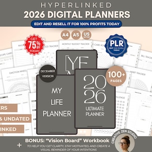 May include: 2026 digital planner bundle with 14 covers, dated and undated, and over 100 pages. Includes a bonus vision board workbook. Features the text "2026 Digital Planners" and "Edit and Resell It for 100% Profits Today."