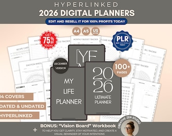 2026 Hyperlinked Digital Planner, PLR 2026 Digital Planner Bundle, Dated and Undated Calendar 2026, Weekly, Monthly, Daily 2026 Planner
