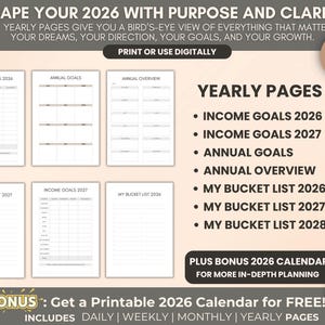 May include: A digital planner with yearly pages for 2026 and beyond. The planner includes sections for income goals, annual goals, and bucket lists. The image also includes the text "Shape Your 2026 With Purpose and Clarity."