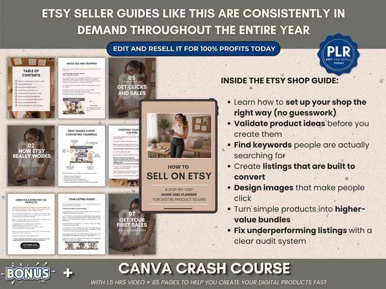 May include: An Etsy seller guide advertisement. The image features a tablet displaying "How to Sell on Etsy" with a step-by-step guide and planner. Surrounding the tablet are screenshots of Etsy shop tips. Text includes "Edit and Resell for 100% Profits Today."