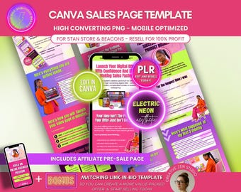 Neon Sales Page Template for Stan Store & Beacons PLR, Editable Canva Sales Page Template for Digital Products w/ Resell Rights