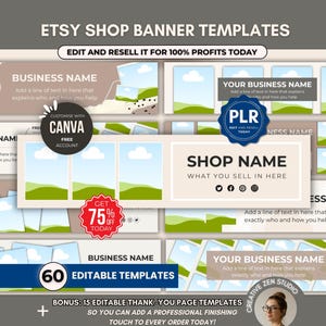 Peut inclure: Modèles de bannières de boutique Etsy avec plusieurs options de mise en page. La conception comprend des champs de texte pour les noms et slogans commerciaux, ainsi que des espaces réservés aux images. Les modèles de bannières sont personnalisables avec Canva.