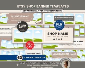 60 Etsy Shop Banners, Etsy Store Banner Templates, Editable Etsy Banner Mockup, Etsy Shop Kit for Digital Products, PLR Canva Templates