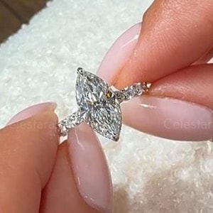2.02 carat E Color VVS2 Clarity IGI Certified Marquise Cut Lab Grown Diamond Engagement Ring, Side Round Cut Diamonds, 14k White Gold Ring