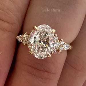2.00 Carat IGI Certified E Color VVS2 Clarity Oval Cut Lab Grown Three Stone Diamond Engagement Ring Side Pear Diamonds, 14k White Gold