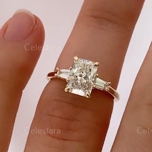 Emerald Cut Diamond Three Stone Engagement Ring with Side Tapered Baguettes, Lab Grown Proposal Ring, Anniversary Gift for Her