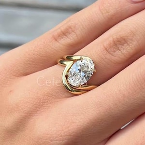 East West Oval Cut Lab Grown Diamond Solitaire Engagement Ring-3.08 Carat Oval Diamond 14K Gold Anniversary Ring-Proposal Ring