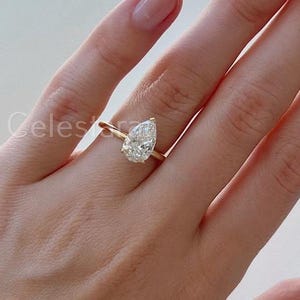 3 Carat Pear Cut Lab Grown Diamond Ring / Pear Shaped Engagement Ring / 3 CT Solitaire Ring / Minimalist Ring / 14K Gold Thin Dainty Ring