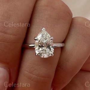 2 Carat Pear Cut Lab Grown Diamond Ring / Pear Shaped Engagement Ring / 2 CT Solitaire Ring / Minimalist Ring / 14K Gold Thin Dainty Ring
