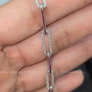 Lab-Grown Diamond Bracelet Dainty Paperclip Chain Minimalist Jewelry for Anniversary Gift in 14k White Gold