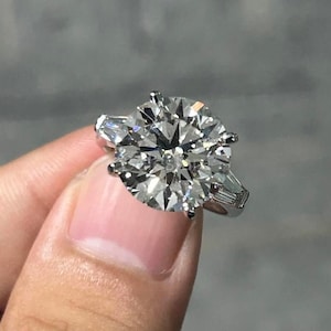 Round Three Stone Diamond Engagement Ring, 3 CT Round Lab Grown Diamond IGI Certified, Side Tapered Baguettes, Wedding Ring