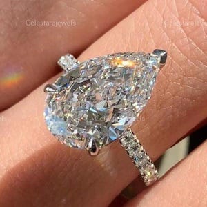 Pear Lab Grown Diamond Ring Pear Shaped Hidden Halo Engagement Ring Genuine Lab Grown Diamond Anniversary Ring Simple Diamond Ring for Her