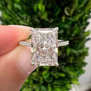 Radiant Cut 3.00 Carat IGI Certified E Color VVS2 Clarity Lab Grown Diamond Engagement Ring Hidden Halo and Side Round Diamonds, 14k Gold
