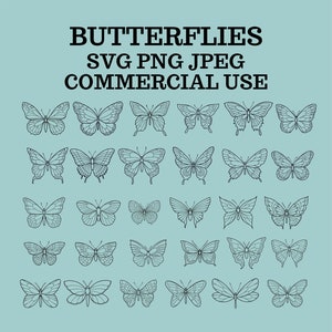 30 ilustrações de borboletas e mariposas desenhadas à mão, SVG JPG PNG desenhos de borboletas, desenhos de mariposas, vetores de clipart de arte para comércio