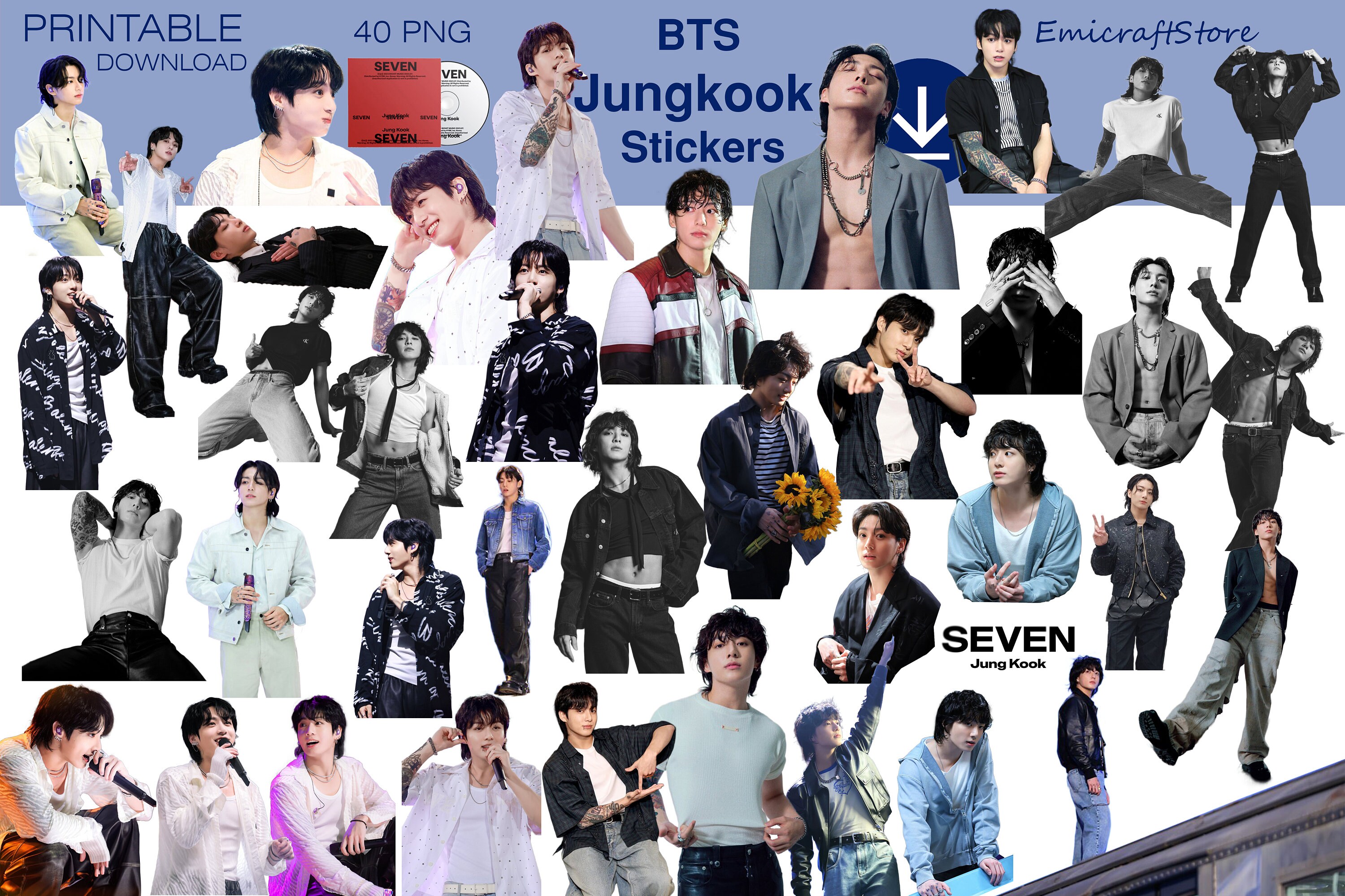 BTS Jungkook Stickers 40 PNG Digital Printable Jk Stickers / Seven ...