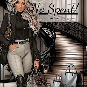 Könnte beinhalten: Illustration einer Frau in einem schwarzen Blazer, einem schwarzen Hemd und grauen Hosen, die eine braune Handtasche hält. Das Bild enthält Einkaufstaschen und den Text "3 Monate No Spent!"
