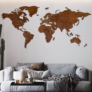 Carte du monde en bois coloré noyer
