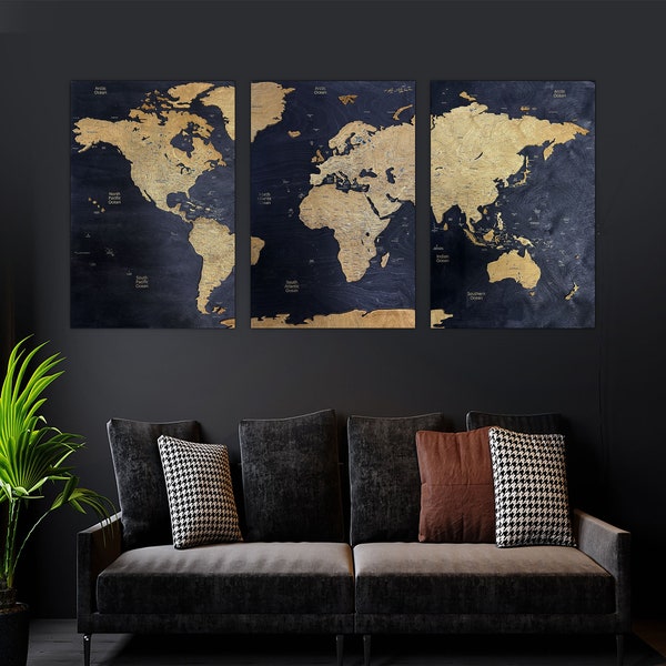 Wooden World Map Premium Triptych Wall Picture