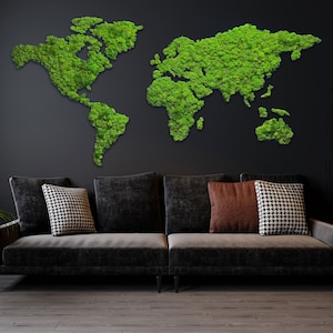 Muurkunst wereldkaart mos – grote bewaarde moskaart – groene muurdecoratie – milieuvriendelijke kantoor- of woonkamerdecoratie
