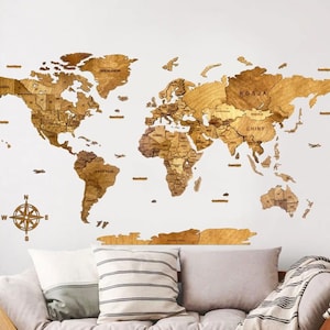 Carte du monde 3D en bois Chêne