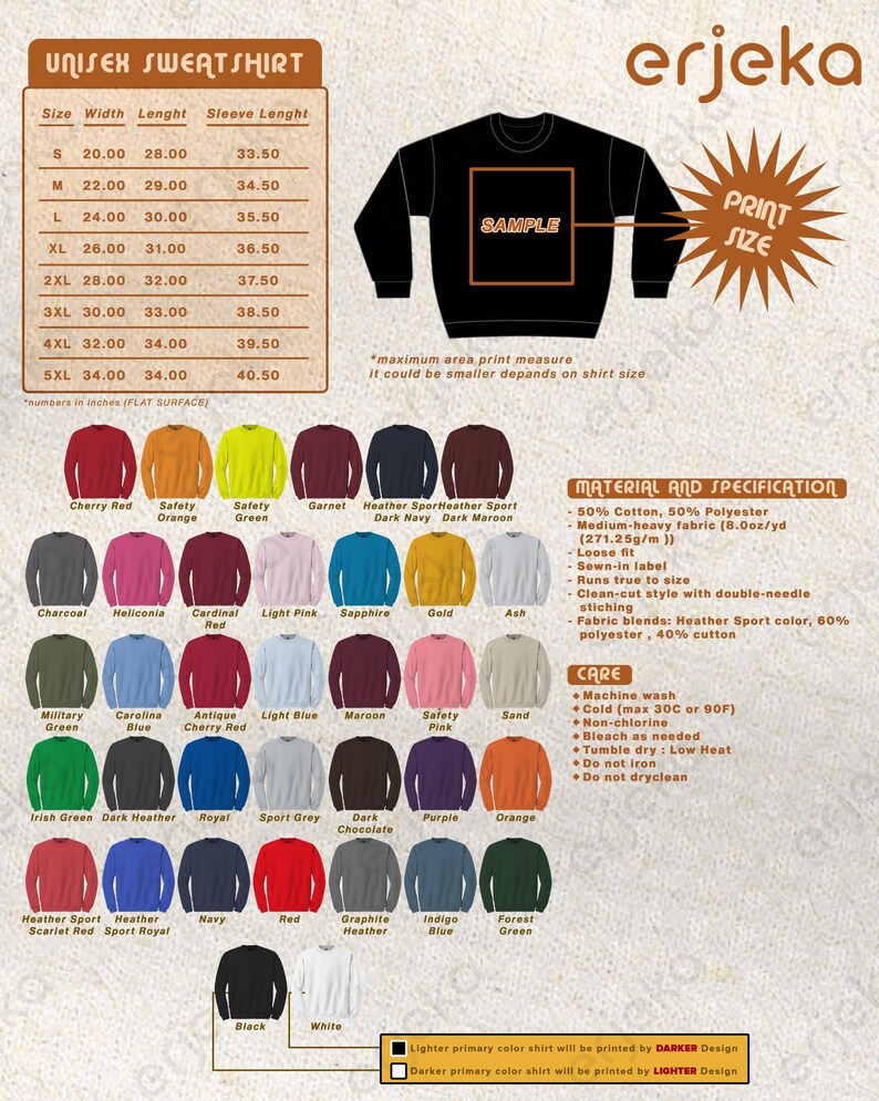 The image is a detailed description of a sweatshirt, including its size, sleeve length, and various color options. It also provides information about the material and specifications of the sweatshirt, as well as the type of care it requires.