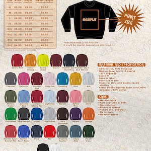 The image is a detailed description of a sweatshirt, including its size, sleeve length, and various color options. It also provides information about the material and specifications of the sweatshirt, as well as the type of care it requires.
