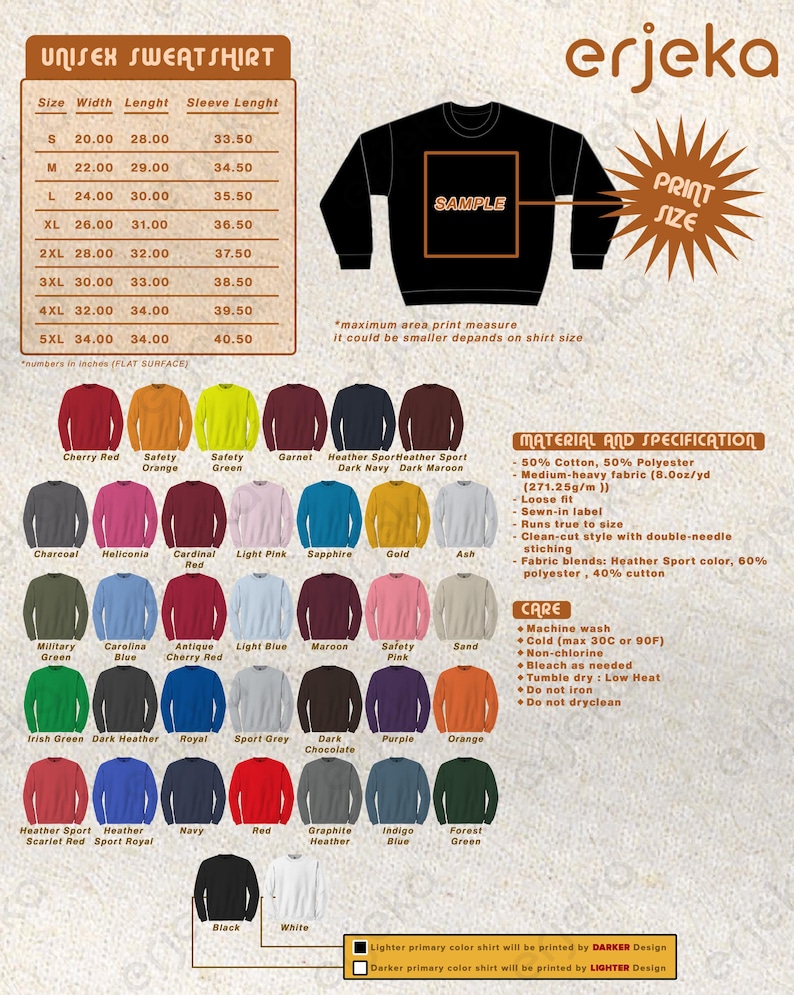 The image is a detailed description of a sweatshirt, including its size, sleeve length, and various color options. It also provides information about the material and specifications of the sweatshirt, as well as the type of care it requires.