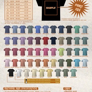 The image is a detailed description of a comfort t-shirt, including its size, color options, and printing details.