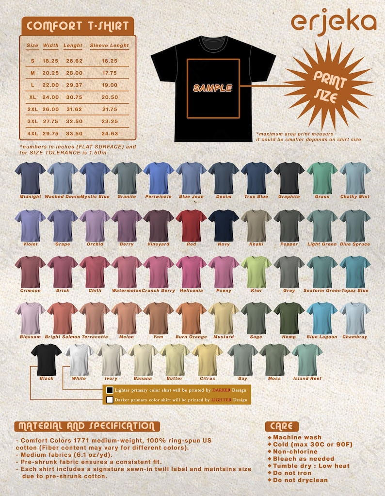 The image is a detailed description of a comfort t-shirt, including its size, color options, and printing details.