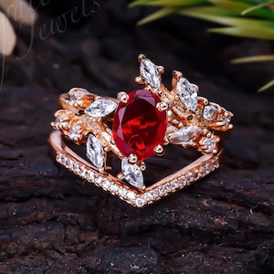 Vintage Oval Cut Red Garnet Wedding Ring Set Leaf Floral Garnet Engagement Rings For Women Nature Inspired Promise Anniversary Rings Gift