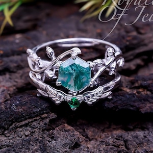 Vintage Hexagon Shaped Moss Agate Ring Set 925 Sterling Silver Dual Ring Set Unique Engagement Wedding Ring Set For Women Gift For Her