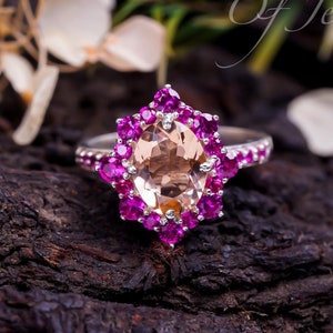 Unique Halo Morganite Engagement Ring Vintage 14k Gold Oval Morganite Bridal Ring Art Deco Antique Floral Ring Promise Ring Anniversary