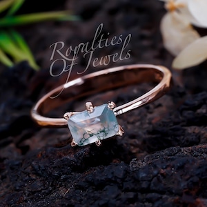 Unique Moss Agate Ring, Emerald Cut Moss Agate Ring, Gold-Silver, Delicate Stacking Ring, Promise Anniversary Ring for Women, Birthday Gift